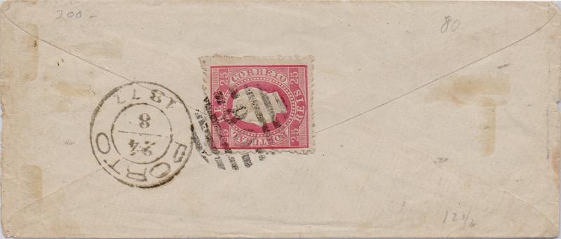 1827 v.jpg -     Lote:    1827 (verso)                   Descrição:         Carimbos nominativos. 1870/76 &mdash; D. Luís I, fita direita. CE40, 25 reis em carta circulada de Albergaria-a-Velha para o Porto. Carimbo batido a preto "ALBERGARIA / A / VELHA" + numérico da 2.ª reforma "80".        Carta       Valor Base:     &euro; 15,00     Valor Venda:     &euro;      